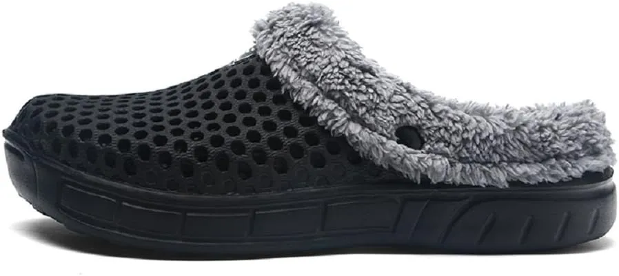 QISHENG Men's Women Mules Clogs Slip On Garden Shoes Fur Lined Slides Flip Flops Warm Winter Slipper Black