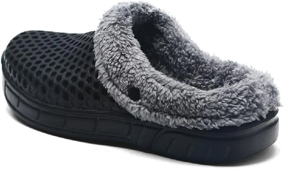 QISHENG Men's Women Mules Clogs Slip On Garden Shoes Fur Lined Slides Flip Flops Warm Winter Slipper Black