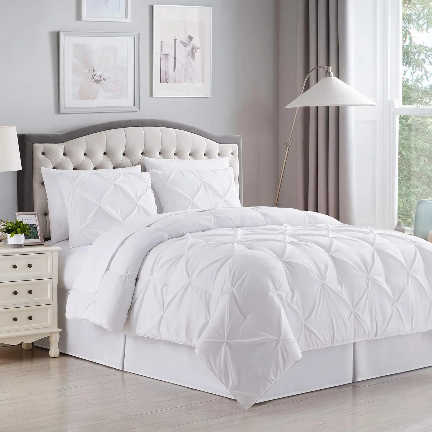 Queen Comforter Set 8 Piece Bed in a Bag with Bed Skirt, Fitted Sheet, Flat Sheet, 2 Pillowcases, 2 Pillow Shams, Queen, Pintuck White