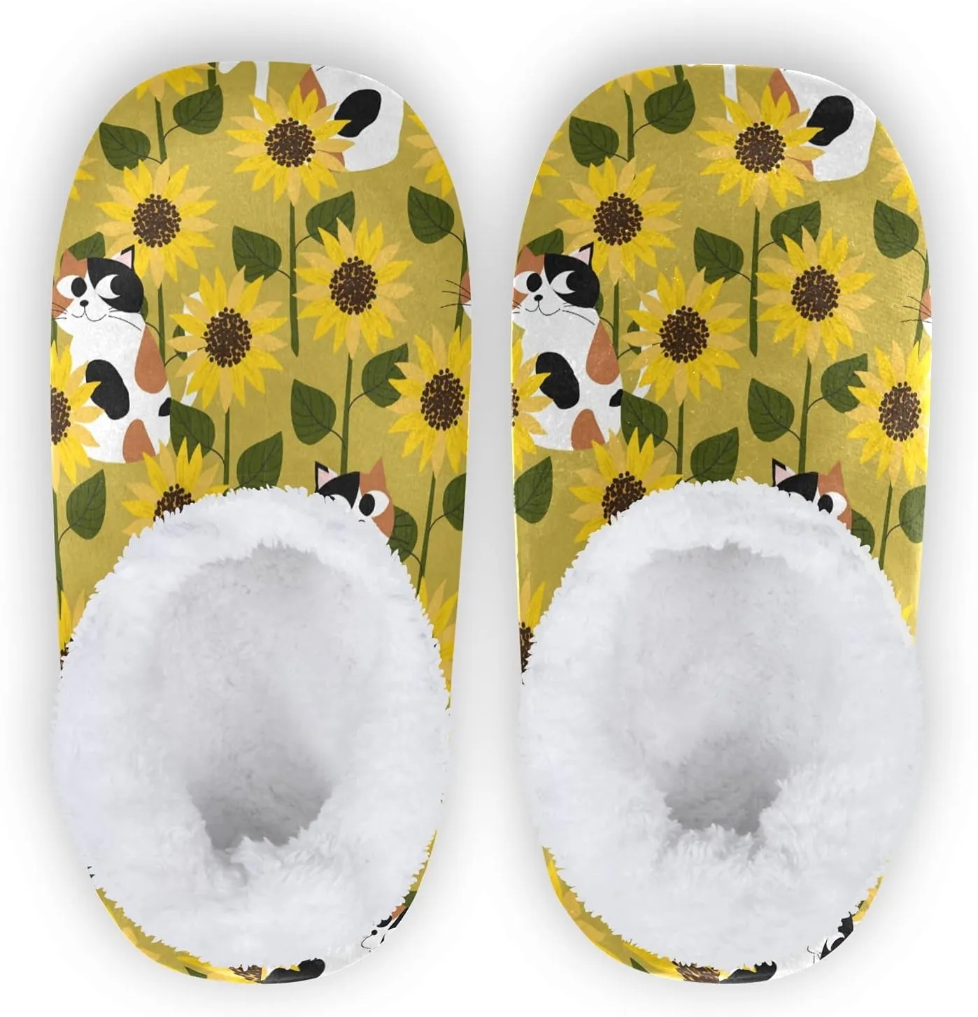 QUGRL Calico Cats Fuzzy Slipper Socks with Grippers for Women Men Sunflower Field House Slippers Soft Non-Slip Sole Sleeper Slippers Home Spa Hotel