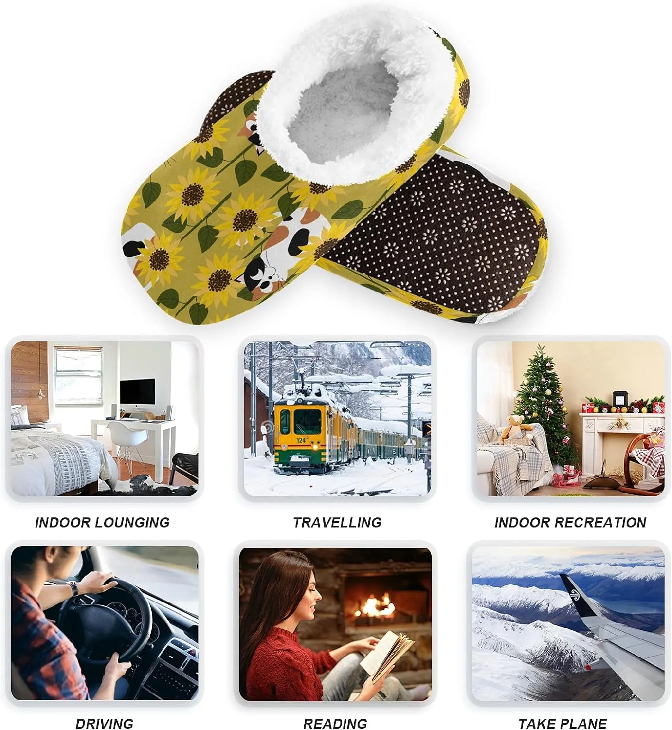 QUGRL Calico Cats Fuzzy Slipper Socks with Grippers for Women Men Sunflower Field House Slippers Soft Non-Slip Sole Sleeper Slippers Home Spa Hotel