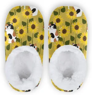 QUGRL Calico Cats Fuzzy Slipper Socks with Grippers for Women Men Sunflower Field House Slippers Soft Non-Slip Sole Sleeper Slippers Home Spa Hotel