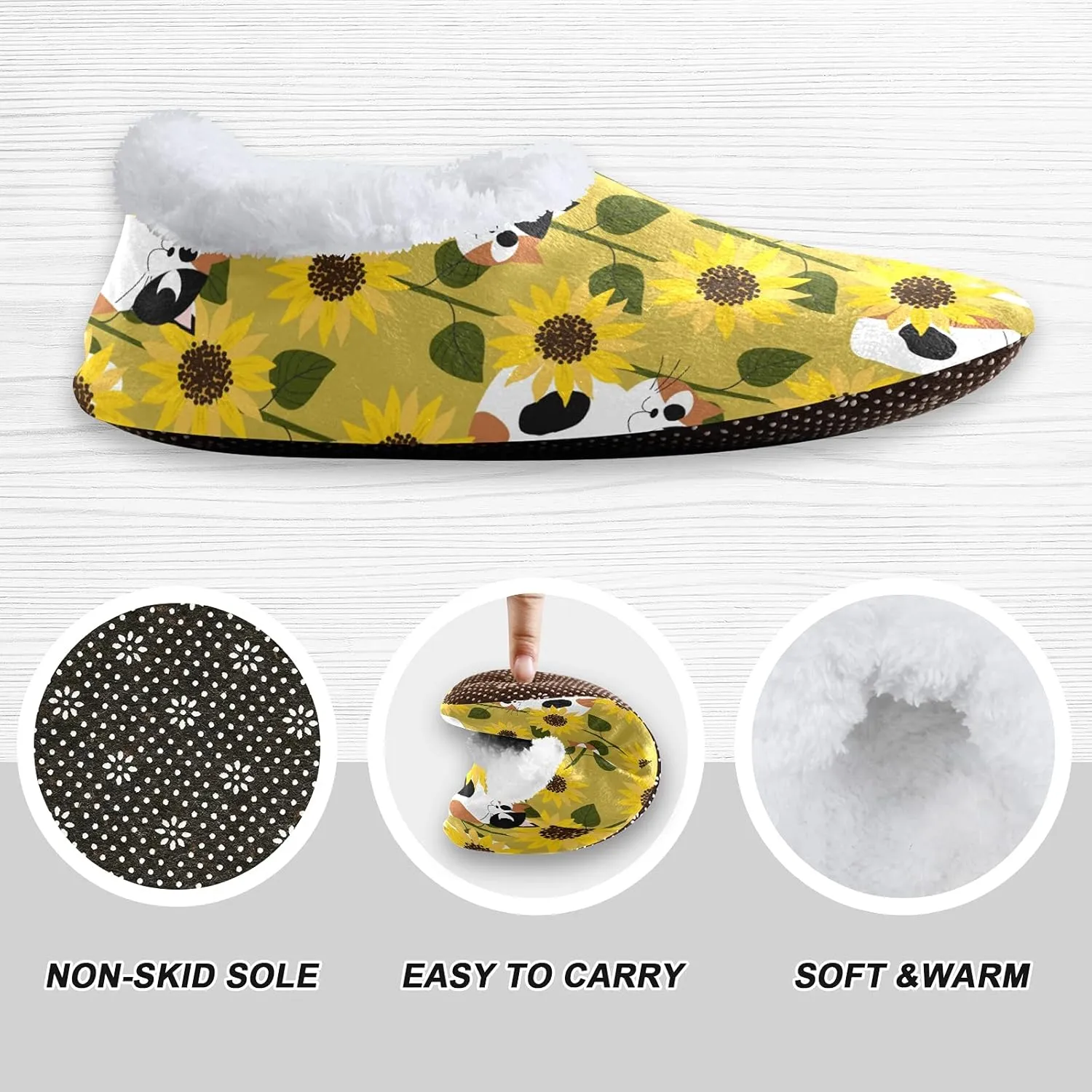 QUGRL Calico Cats Fuzzy Slipper Socks with Grippers for Women Men Sunflower Field House Slippers Soft Non-Slip Sole Sleeper Slippers Home Spa Hotel