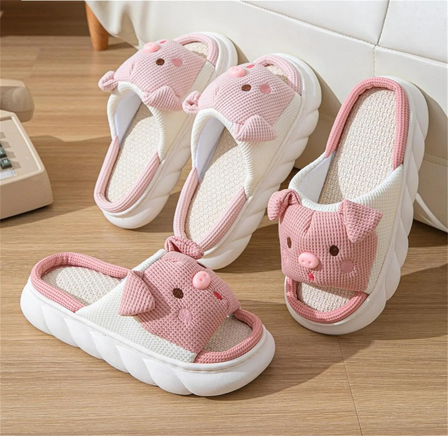 Rabbit And Bear Linen Slippers, Cute Animal Lace Slippers,Cotton Linen Couple's Home Shoes Indoor And Outdoor