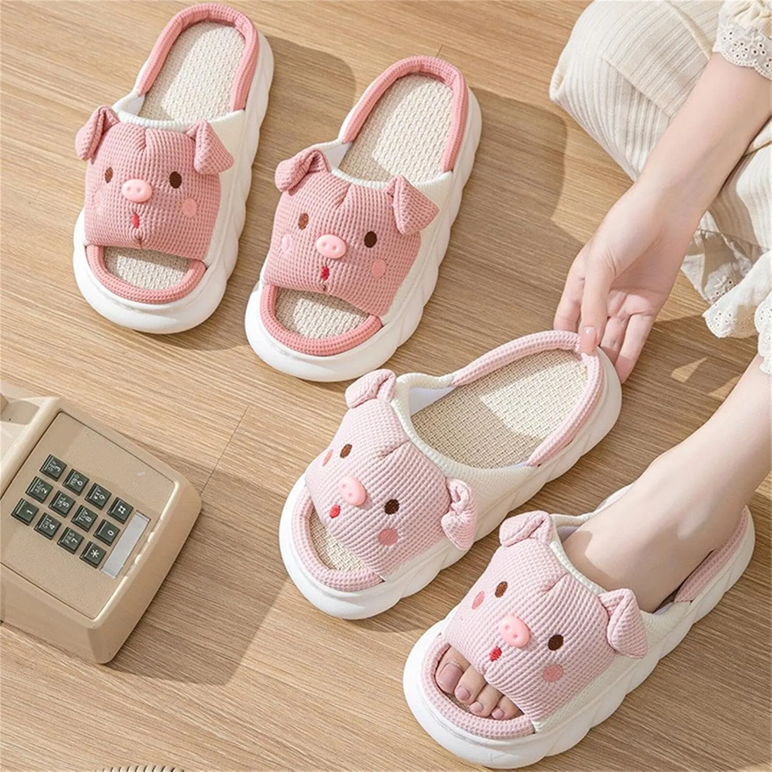 Rabbit And Bear Linen Slippers, Cute Animal Lace Slippers,Cotton Linen Couple's Home Shoes Indoor And Outdoor