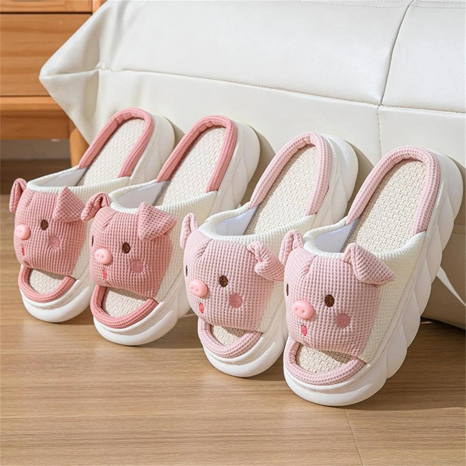Rabbit And Bear Linen Slippers, Cute Animal Lace Slippers,Cotton Linen Couple's Home Shoes Indoor And Outdoor
