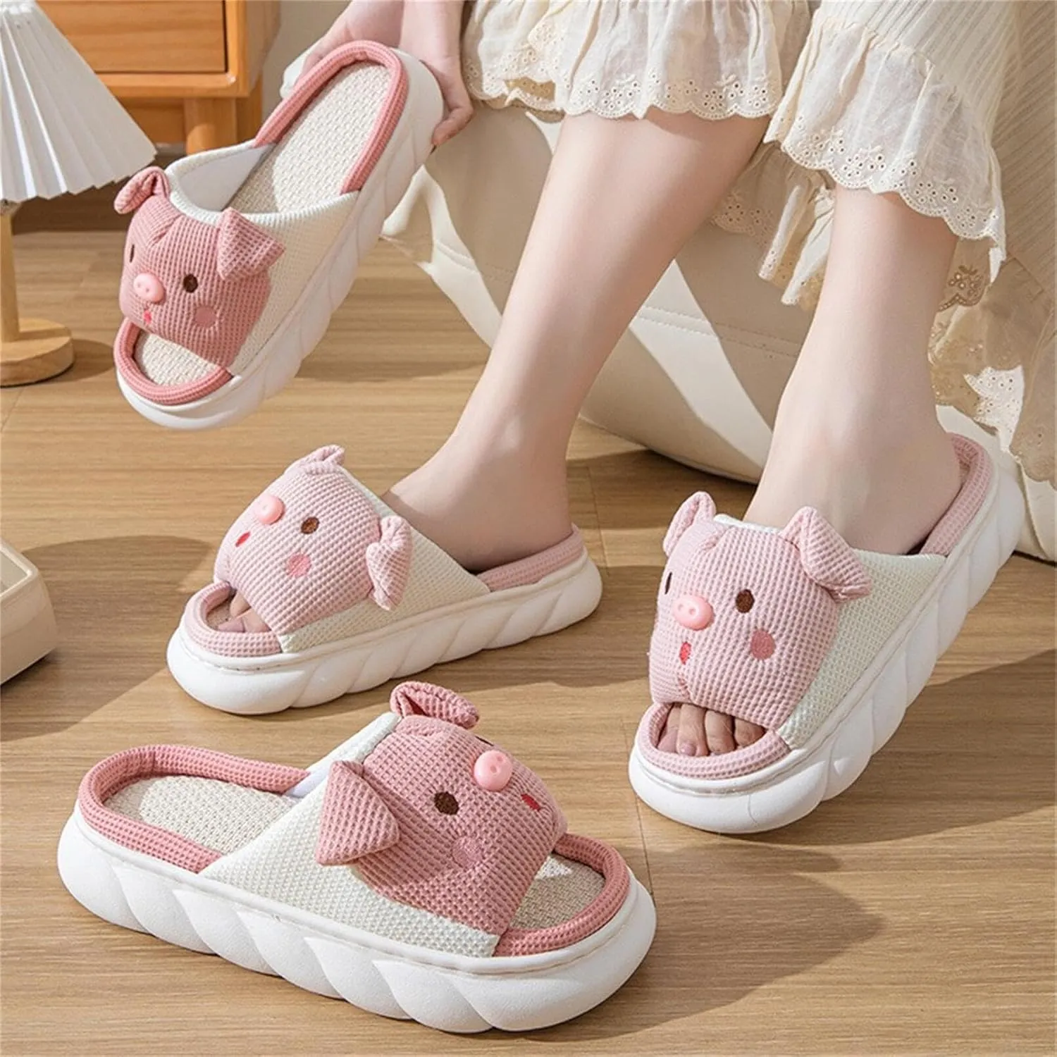 Rabbit And Bear Linen Slippers, Cute Animal Lace Slippers,Cotton Linen Couple's Home Shoes Indoor And Outdoor