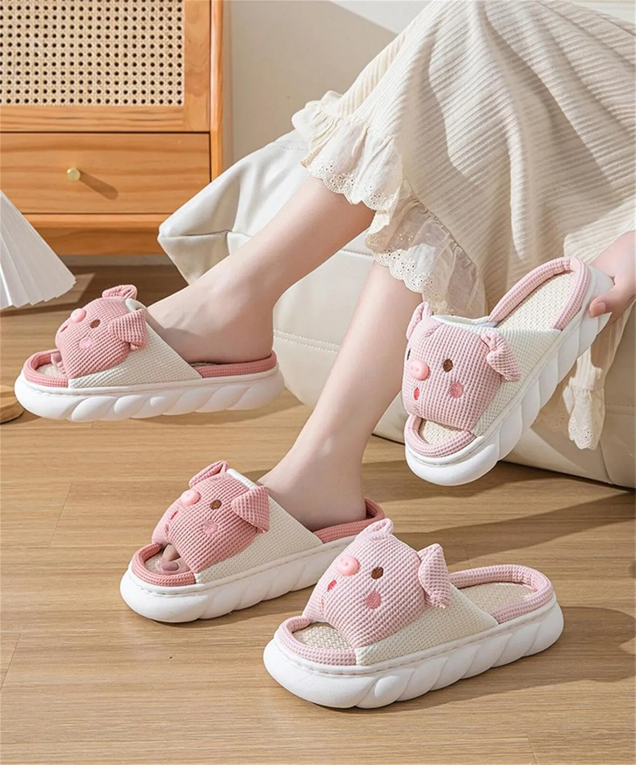 Rabbit And Bear Linen Slippers, Cute Animal Lace Slippers,Cotton Linen Couple's Home Shoes Indoor And Outdoor