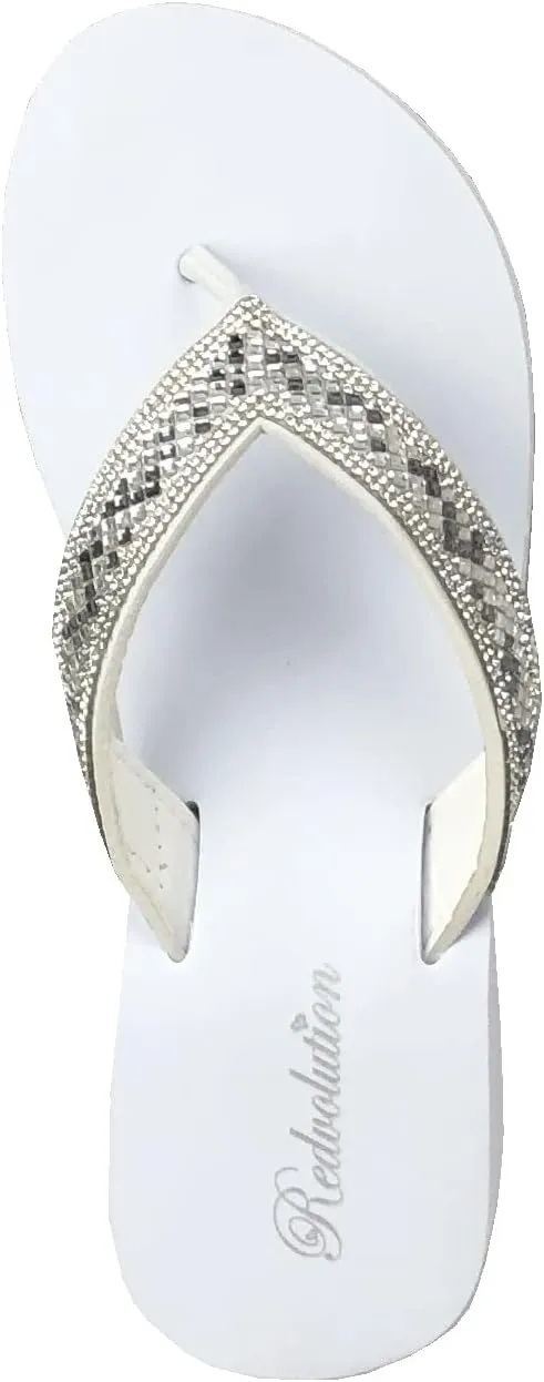 REDVOLUTION New Women's Rhinestone Sandals Platform T-Strap Jewel Sandals High Wedge Flip Flops