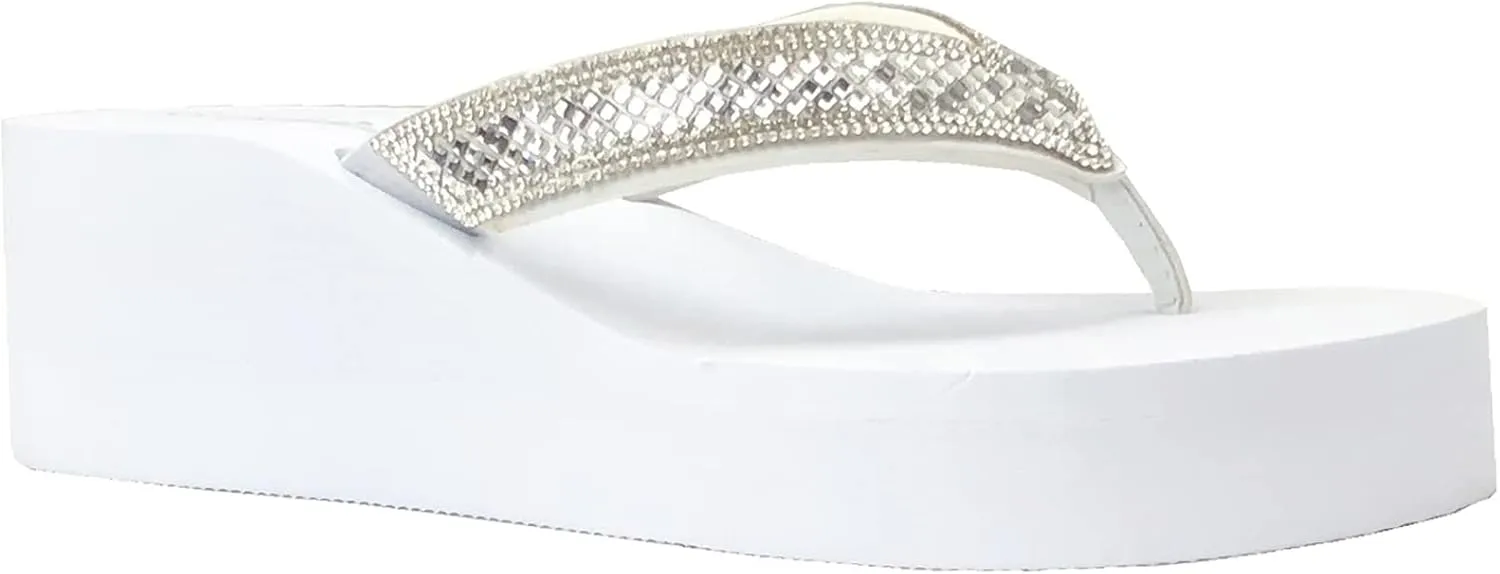 REDVOLUTION New Women's Rhinestone Sandals Platform T-Strap Jewel Sandals High Wedge Flip Flops