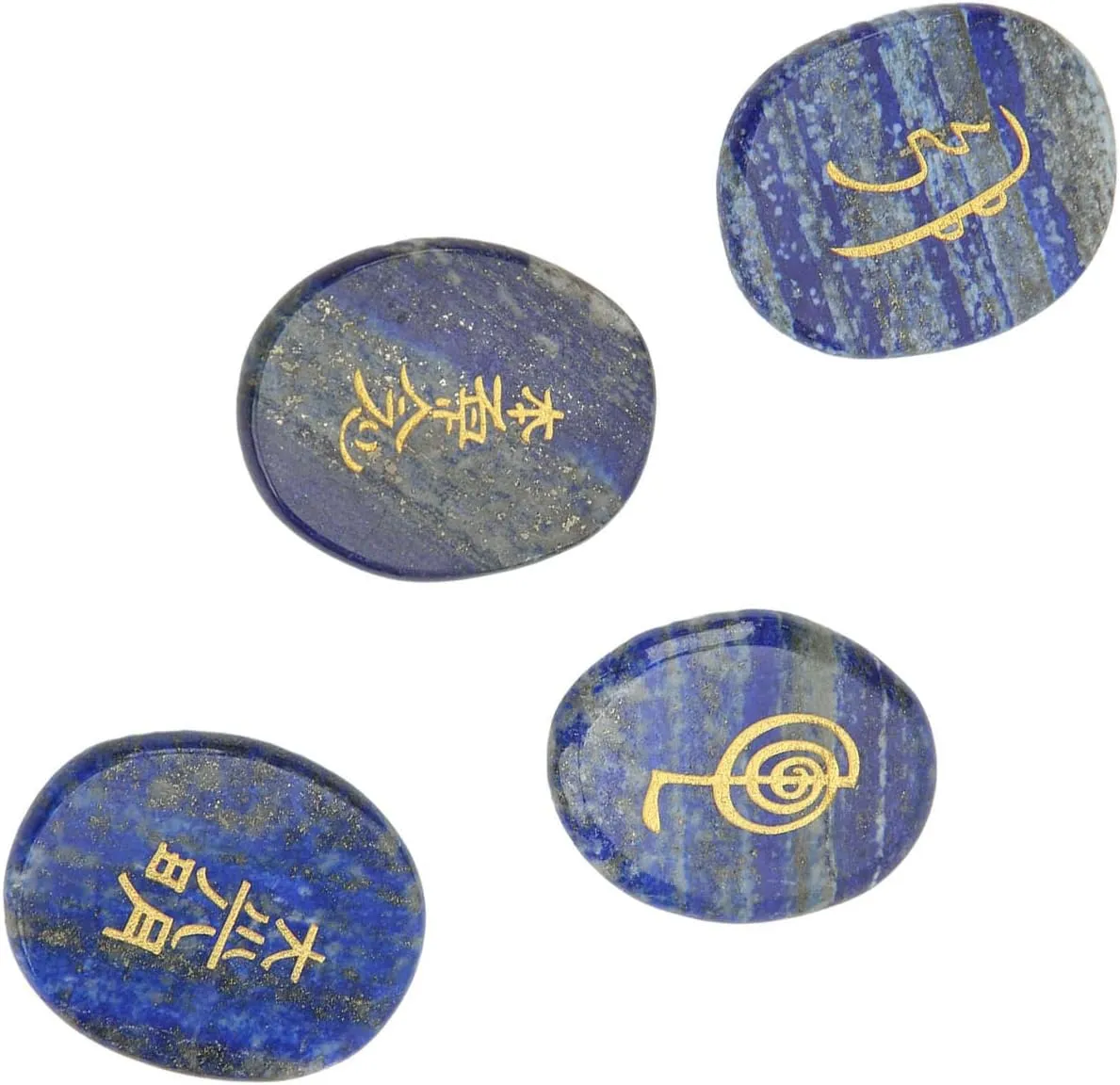 Reiki Symbols Stones Crystal Engraved Smooth Surfaces Meditation Ornament for Home Decoration and Healing Rituals Set of 4 Pieces with Storage Bag (Lapis Lazuli)