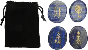 Reiki Symbols Stones Crystal Engraved Smooth Surfaces Meditation Ornament for Home Decoration and Healing Rituals Set of 4 Pieces with Storage Bag (Lapis Lazuli)