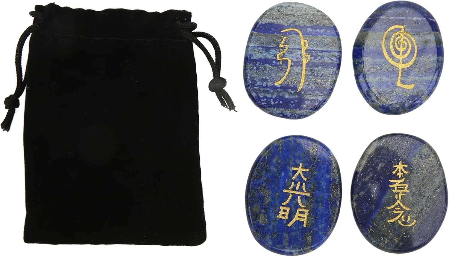 Reiki Symbols Stones Crystal Engraved Smooth Surfaces Meditation Ornament for Home Decoration and Healing Rituals Set of 4 Pieces with Storage Bag (Lapis Lazuli)