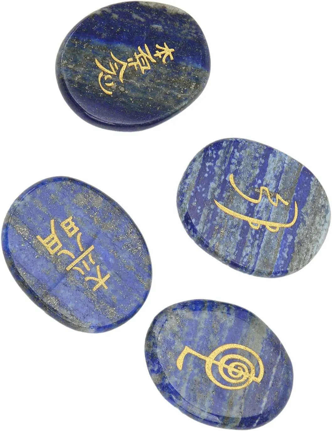 Reiki Symbols Stones Crystal Engraved Smooth Surfaces Meditation Ornament for Home Decoration and Healing Rituals Set of 4 Pieces with Storage Bag (Lapis Lazuli)