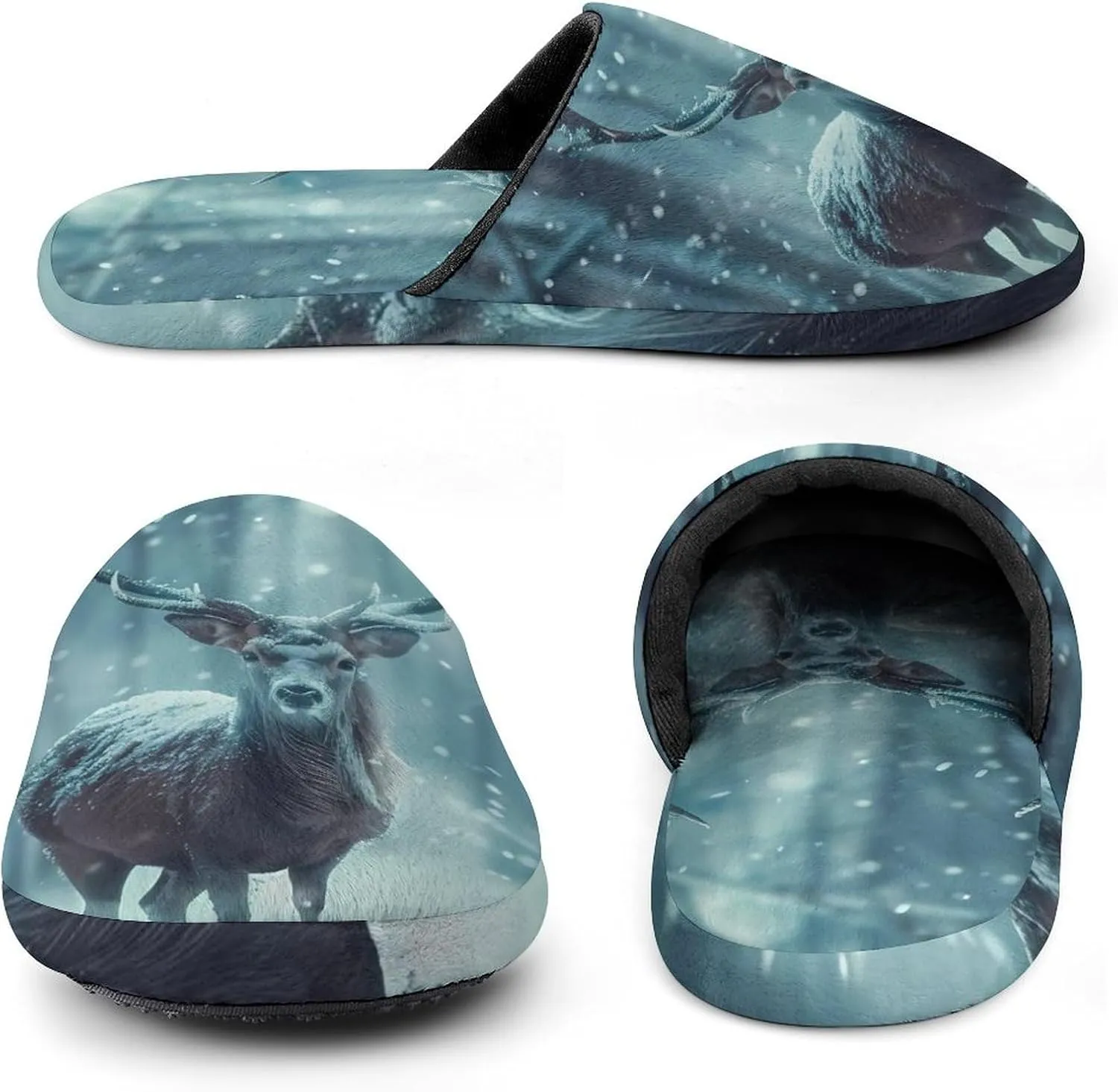 Reindeer in A Blizzard Flannel Cotton Slippers Anti-Skid Indoor Outdoor Slippers Closed Toe Slip-on House Shoes