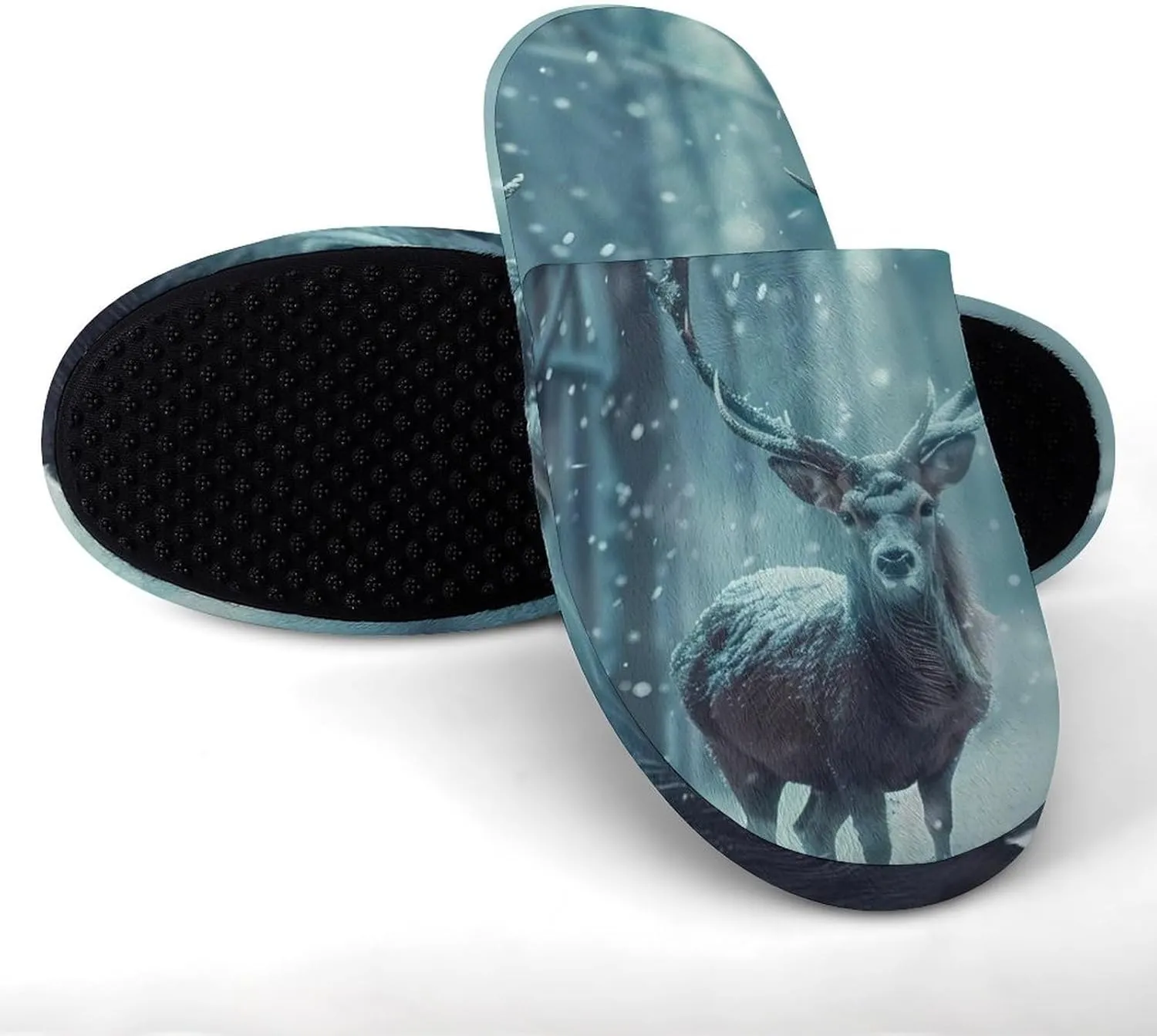 Reindeer in A Blizzard Flannel Cotton Slippers Anti-Skid Indoor Outdoor Slippers Closed Toe Slip-on House Shoes
