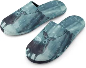 Reindeer in A Blizzard Flannel Cotton Slippers Anti-Skid Indoor Outdoor Slippers Closed Toe Slip-on House Shoes