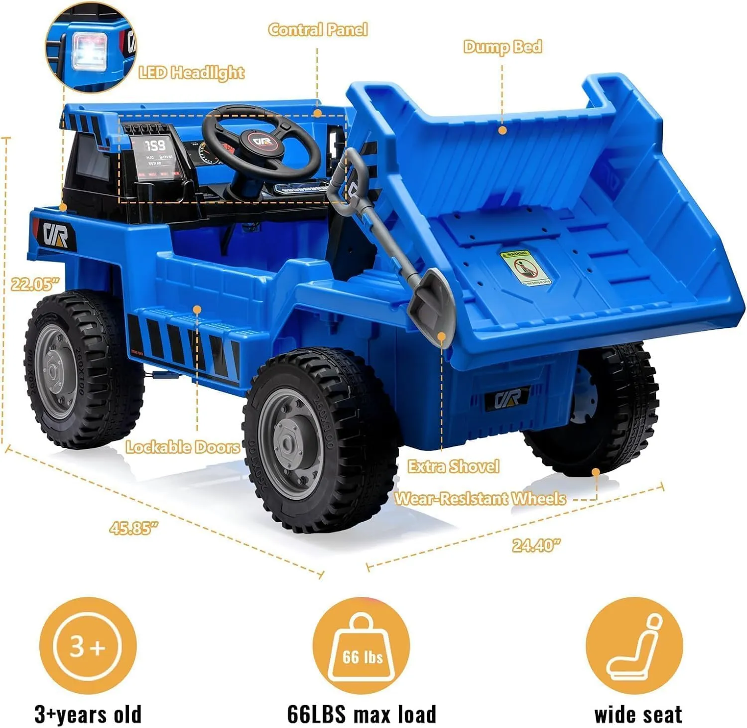 Ride On Dump Truck, 4 Wheeler Toy, Ride On Toys for Kids,12V Ride On Car with Remote Control, Electric Cars for Kids with Dump Bed, Shovel, Ride On Construction Vehicle with Music Player