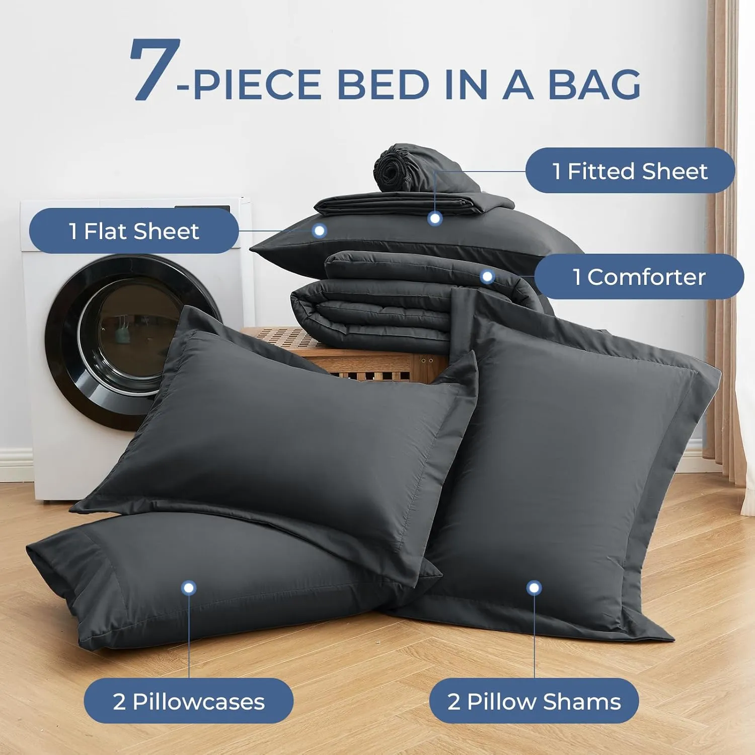 Sasttie Queen Comforter Set, 7 Pieces Bed in a Bag Queen, Complete Bedding Set Includes Grey Comforter, Flat Sheet, Fitted Sheet, Pillowcases and Pillow Shams, Dark Grey