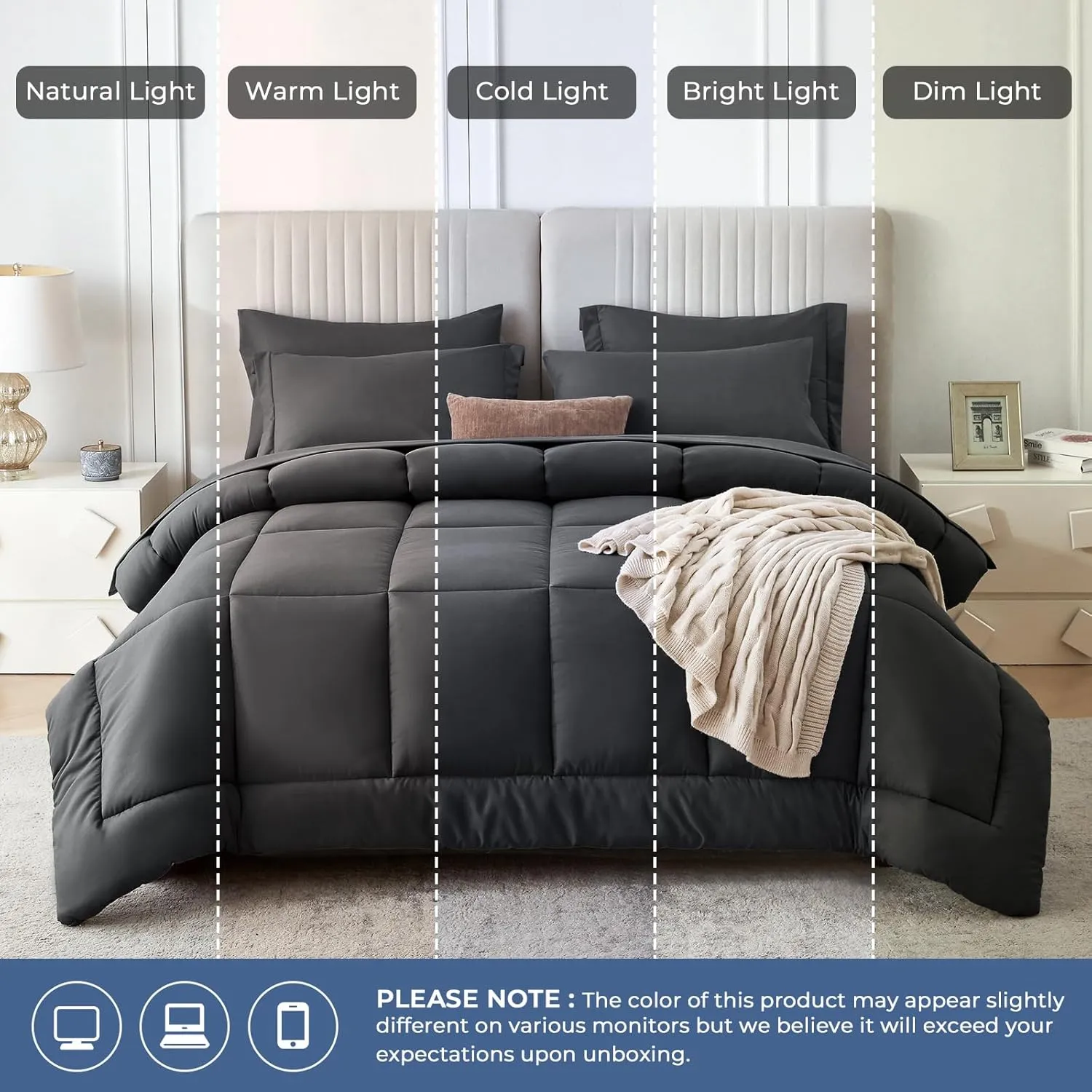 Sasttie Queen Comforter Set, 7 Pieces Bed in a Bag Queen, Complete Bedding Set Includes Grey Comforter, Flat Sheet, Fitted Sheet, Pillowcases and Pillow Shams, Dark Grey