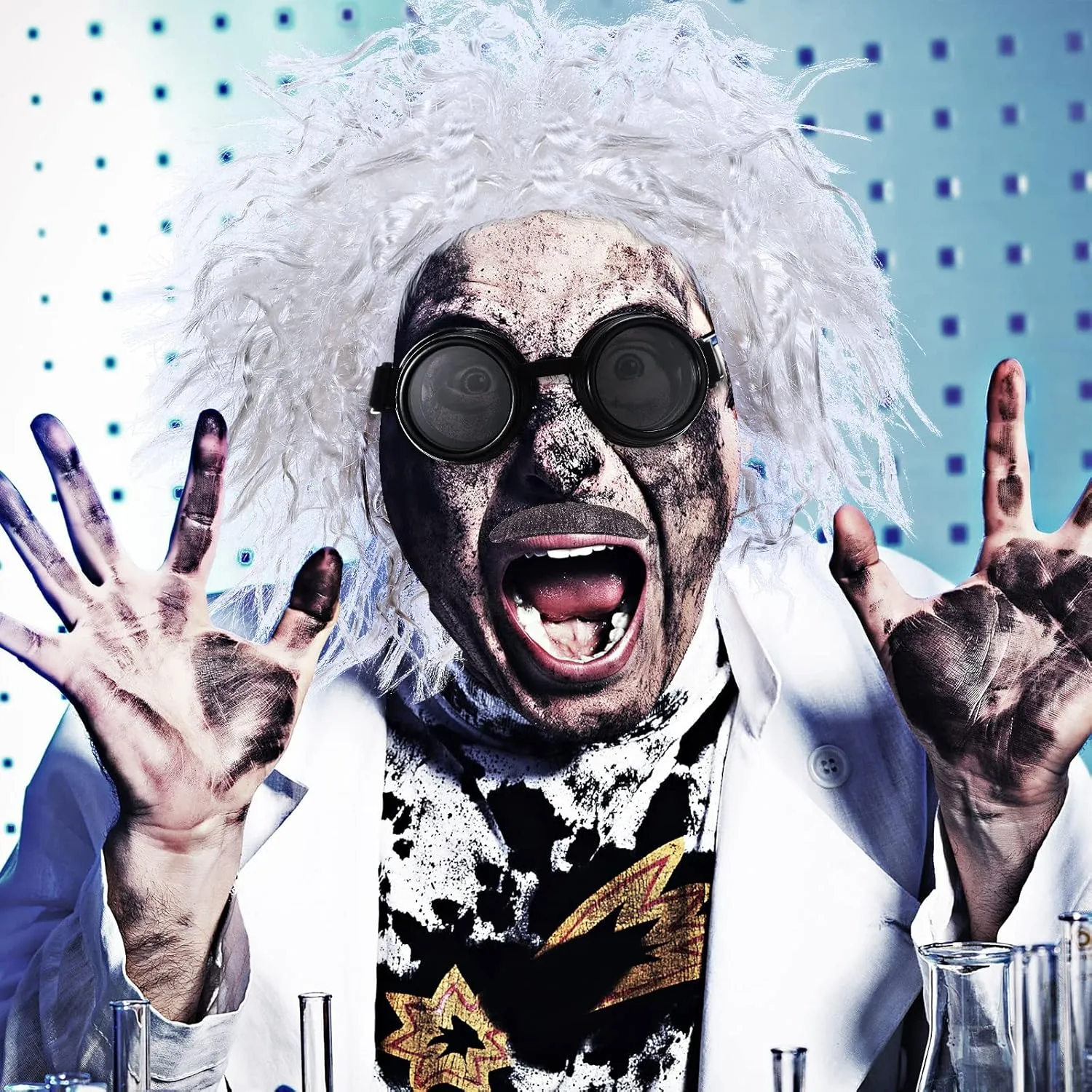 SATINIOR 6 Pieces Mad Scientist Costume for Adult Back to the Future Mad Scientist Wig Lab Coat