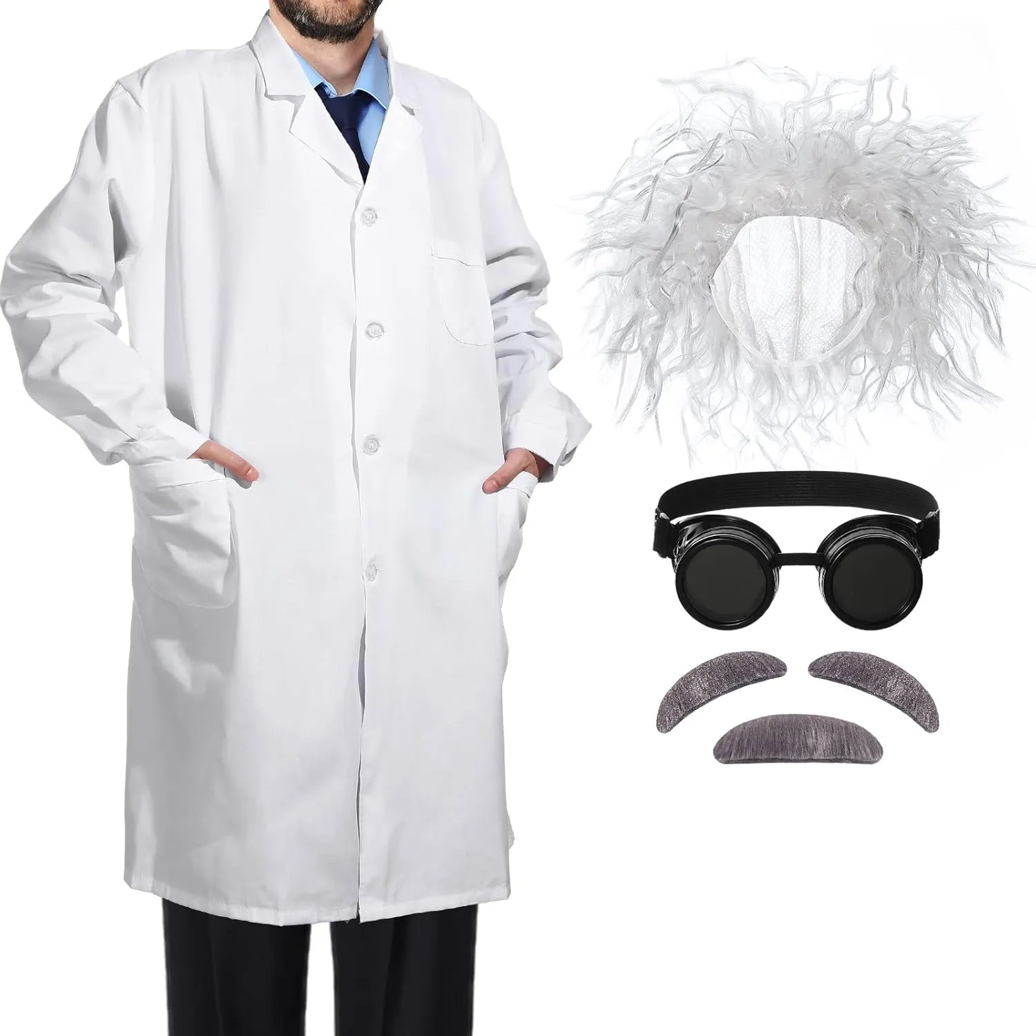 SATINIOR 6 Pieces Mad Scientist Costume for Adult Back to the Future Mad Scientist Wig Lab Coat
