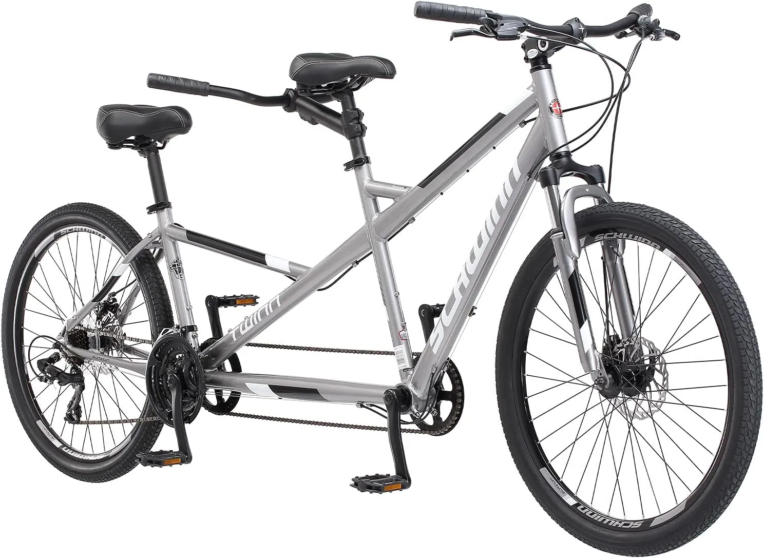 Schwinn Twinn Tandem Bike, 26 Inch Bike for Women and Men, 21-Speed Two Seater Bicycle, Fits Two Comfortably, Mechanical Disc Brakes, Plush Fitness Seat, Adult Tandem Bike