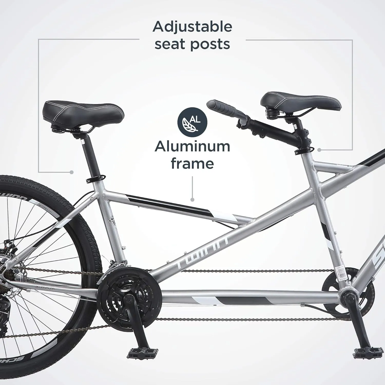 Schwinn Twinn Tandem Bike, 26 Inch Bike for Women and Men, 21-Speed Two Seater Bicycle, Fits Two Comfortably, Mechanical Disc Brakes, Plush Fitness Seat, Adult Tandem Bike