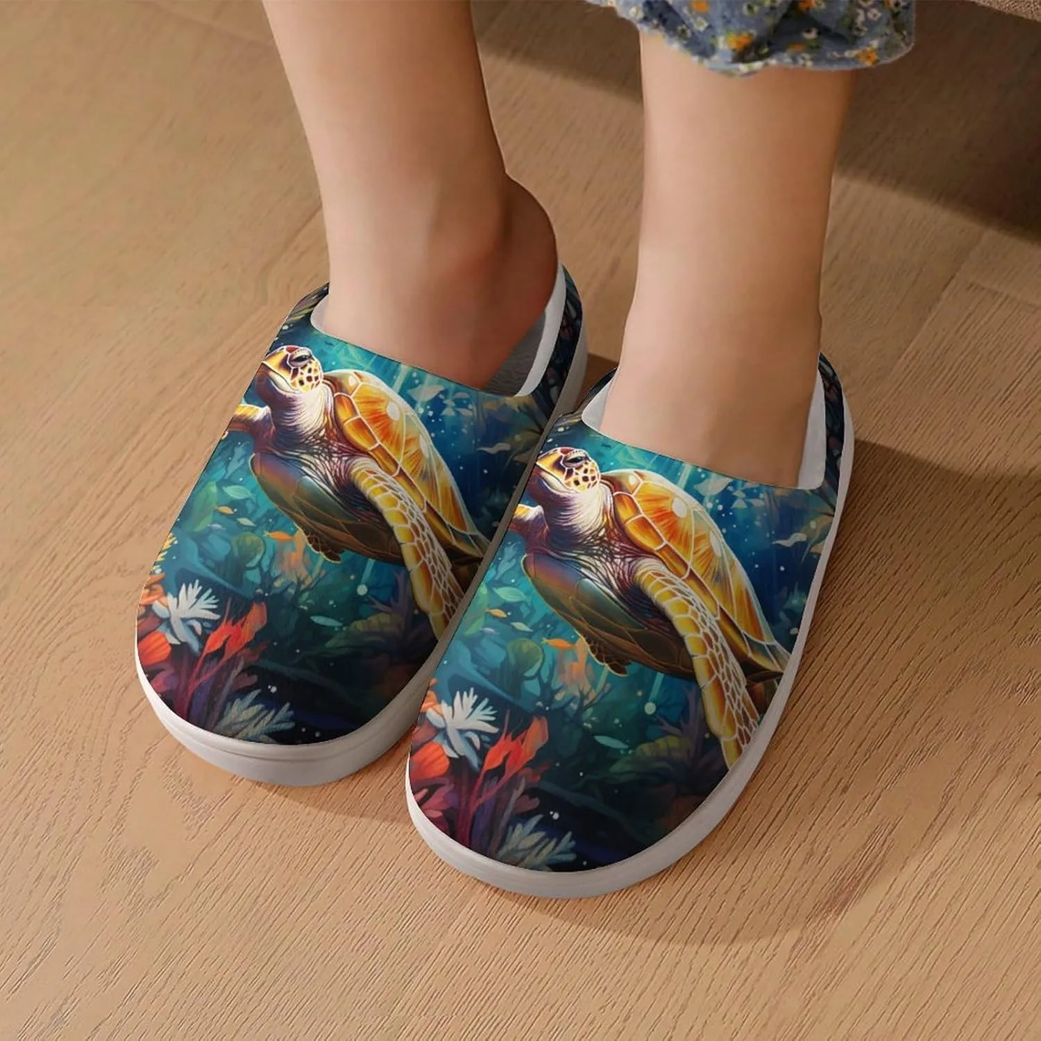 Sea Turtle Kids Slippers for Girls Boys Winter Warm Plush Slip On House Slippers for Indoor Outdoor