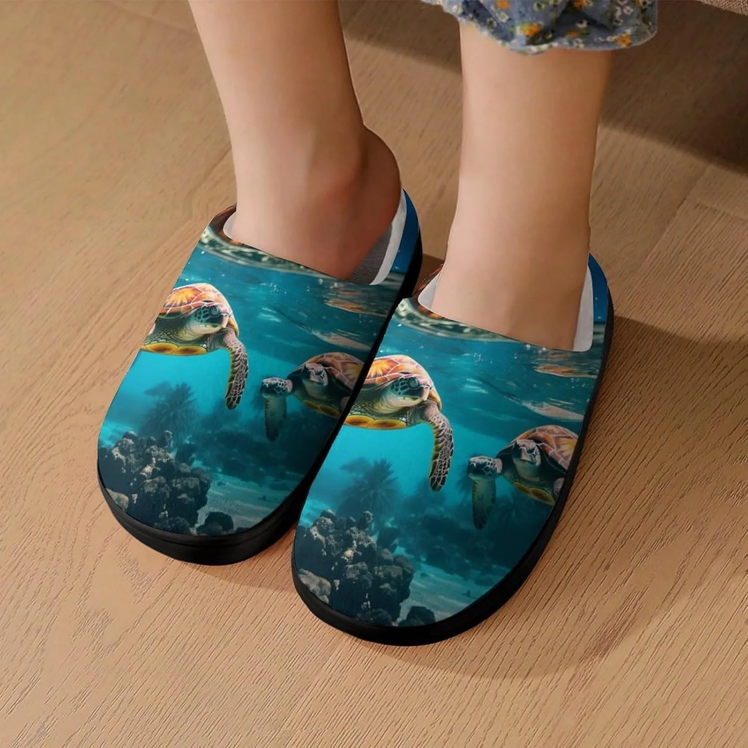 Sea Turtles And Palm Kids Slippers for Girls Boys Winter Warm Plush Slip On House Slippers for Indoor Outdoor