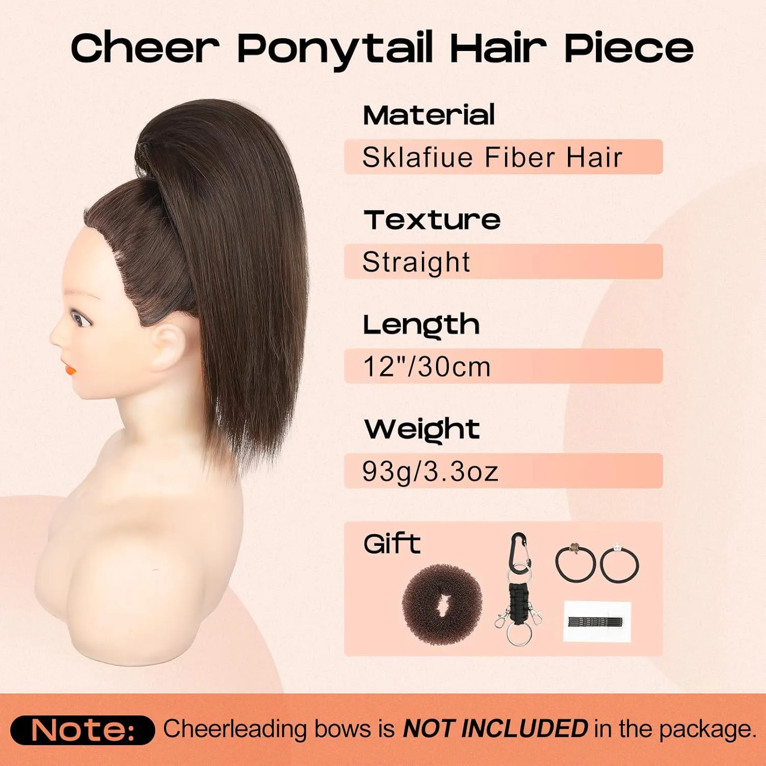 SEIKEA Cheer Ponytail Hair Piece, 10" Straight Tangle-Resistant Smooth Natural Cheerleader Hairpiece Ponytail Extension for Cheer Competition, Dance Black Brown with Dark Brown Highlights