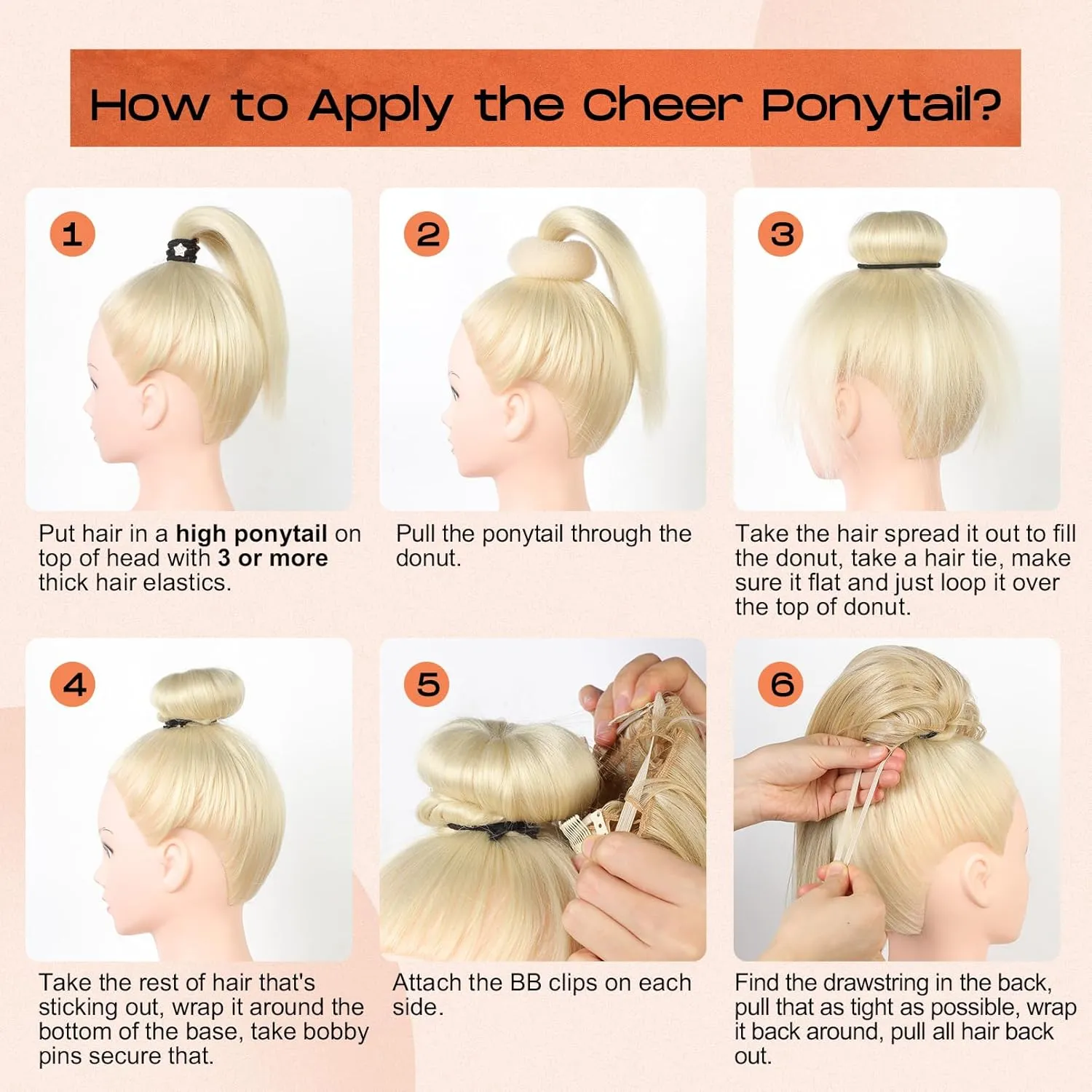 SEIKEA Cheer Ponytail Hair Piece, 10" Straight Tangle-Resistant Smooth Natural Cheerleader Hairpiece Ponytail Extension for Cheer Competition, Dance Black Brown with Dark Brown Highlights