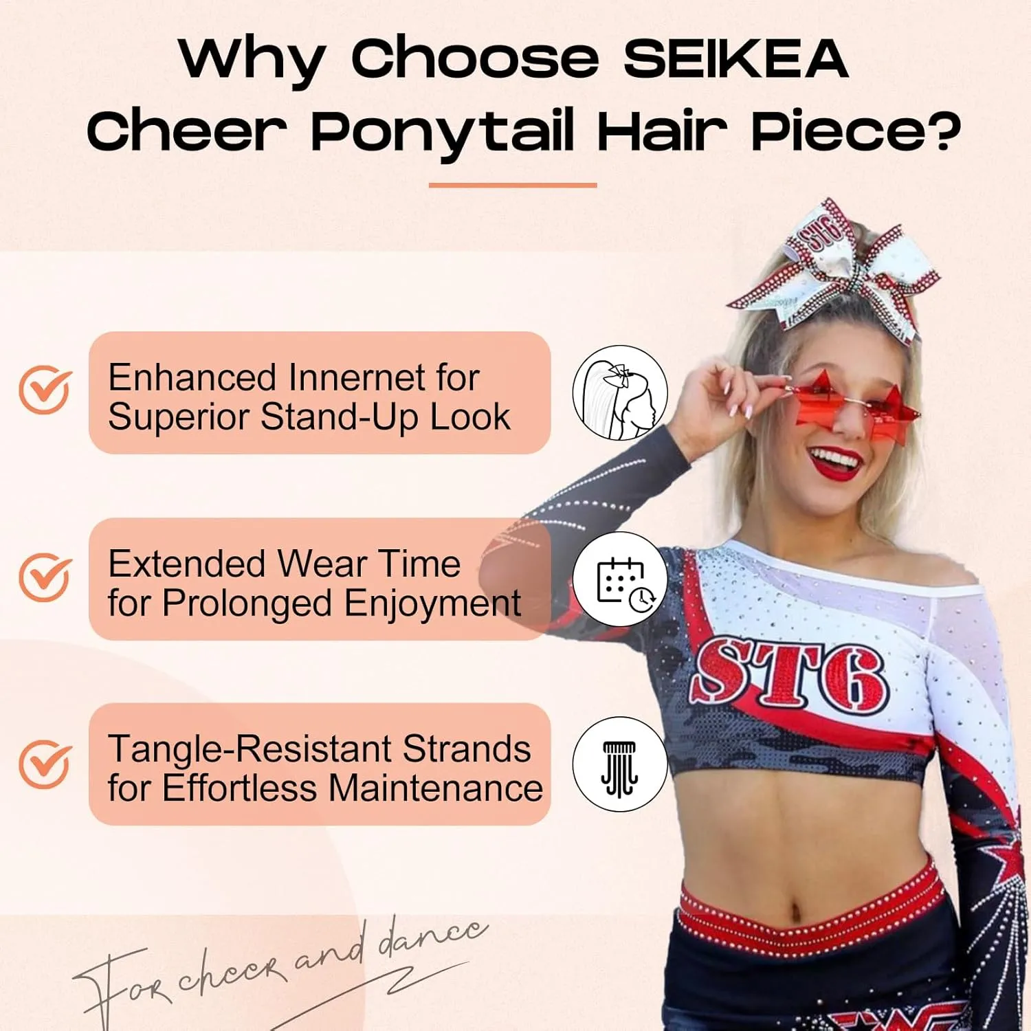 SEIKEA Cheer Ponytail Hair Piece, 10" Straight Tangle-Resistant Smooth Natural Cheerleader Hairpiece Ponytail Extension for Cheer Competition, Dance Black Brown with Dark Brown Highlights