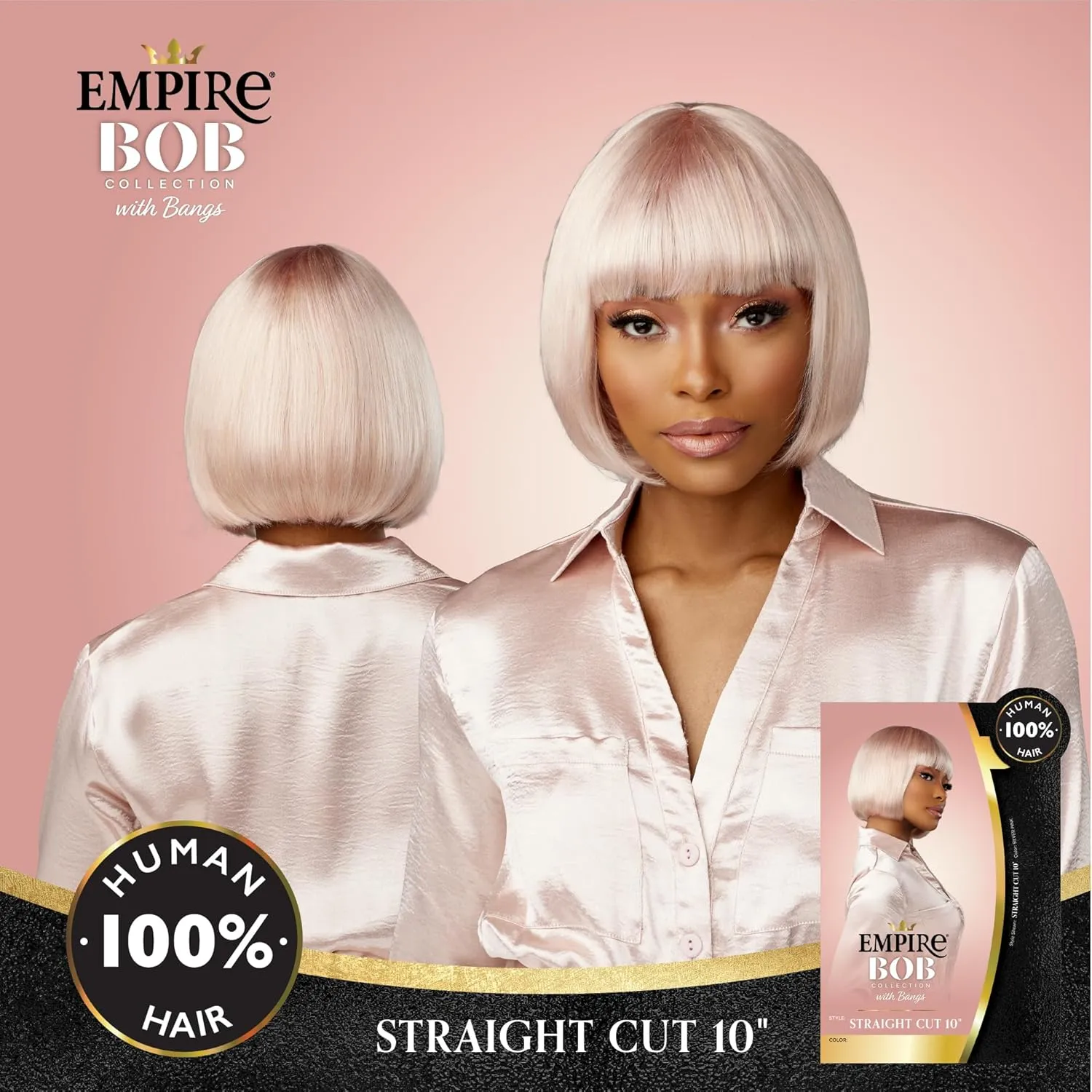 Sensationnel Empire Bob Humanhair Wig - Straight Cut Face Framing Mesh Cap for Comfort With Bangs (10 inch, BLEACHEDBLONDE)