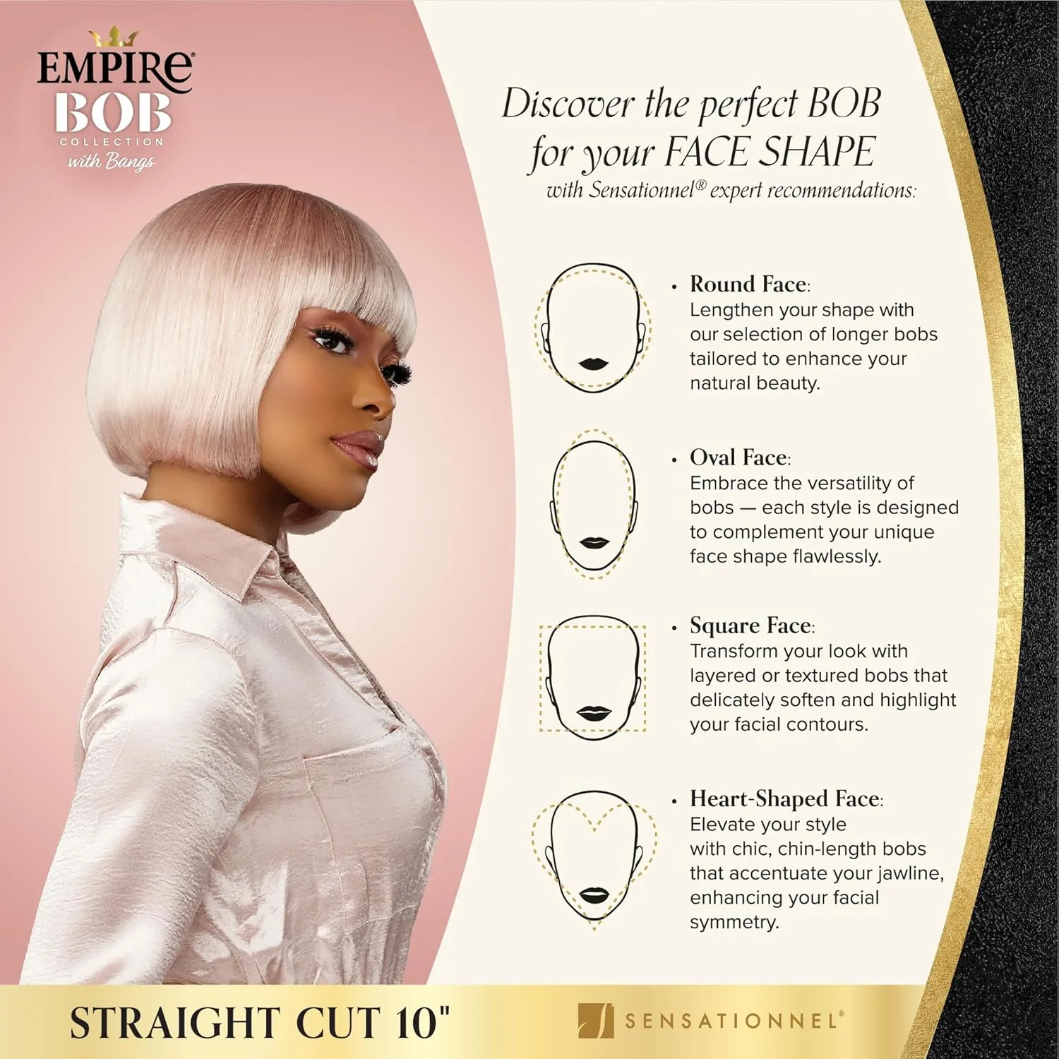 Sensationnel Empire Bob Humanhair Wig - Straight Cut Face Framing Mesh Cap for Comfort With Bangs (10 inch, BLEACHEDBLONDE)
