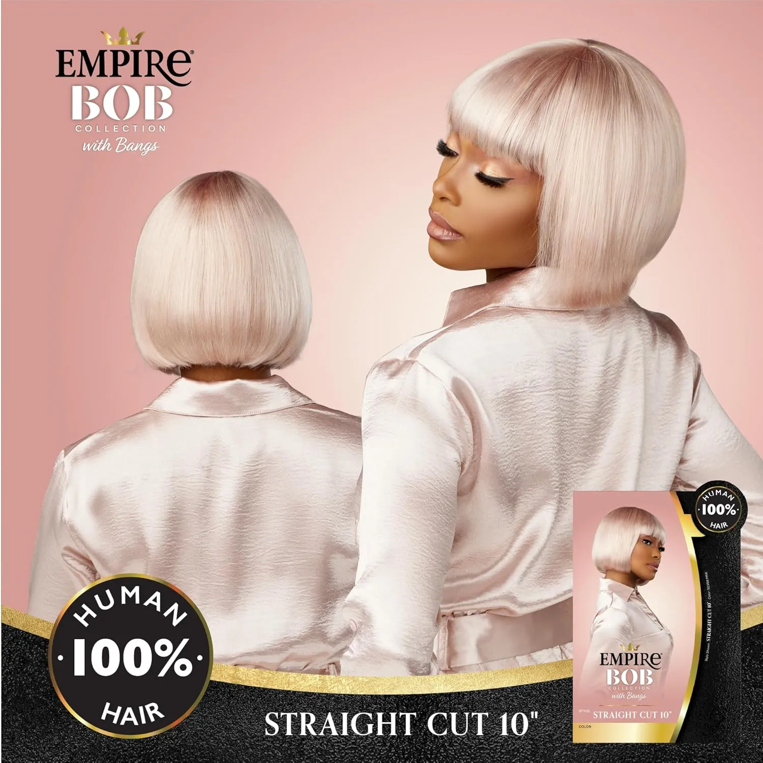 Sensationnel Empire Bob Humanhair Wig - Straight Cut Face Framing Mesh Cap for Comfort With Bangs (10 inch, BLEACHEDBLONDE)