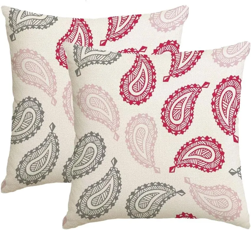 Set of 2 Outdoor Decorative Square Throw Pillow Covers 16"x16" Inch Pink Actual Beautiful Paisley Cucumbers Turkish Abstract Beauty Red Asian Ballet Slipper Border Cushion Cover for Sofa Couch