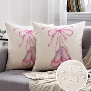 Set of 2 Outdoor Decorative Square Throw Pillow Covers 18"x18" Inch Pink Pointe Ballerina Ballet Shoes Watercolor Hand Beauty Slipper Tutu Dancer Satin Girl Bow Class Cushion Cover for Sofa Couch