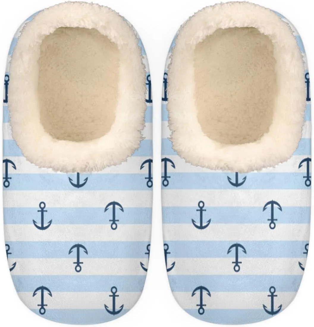 Ship Anchor Stripe Women's Slippers, Navigation Soft Cozy Plush Lined House Slipper Shoes Indoor Non-Slip Slippers for Women Girls Boys Teenager