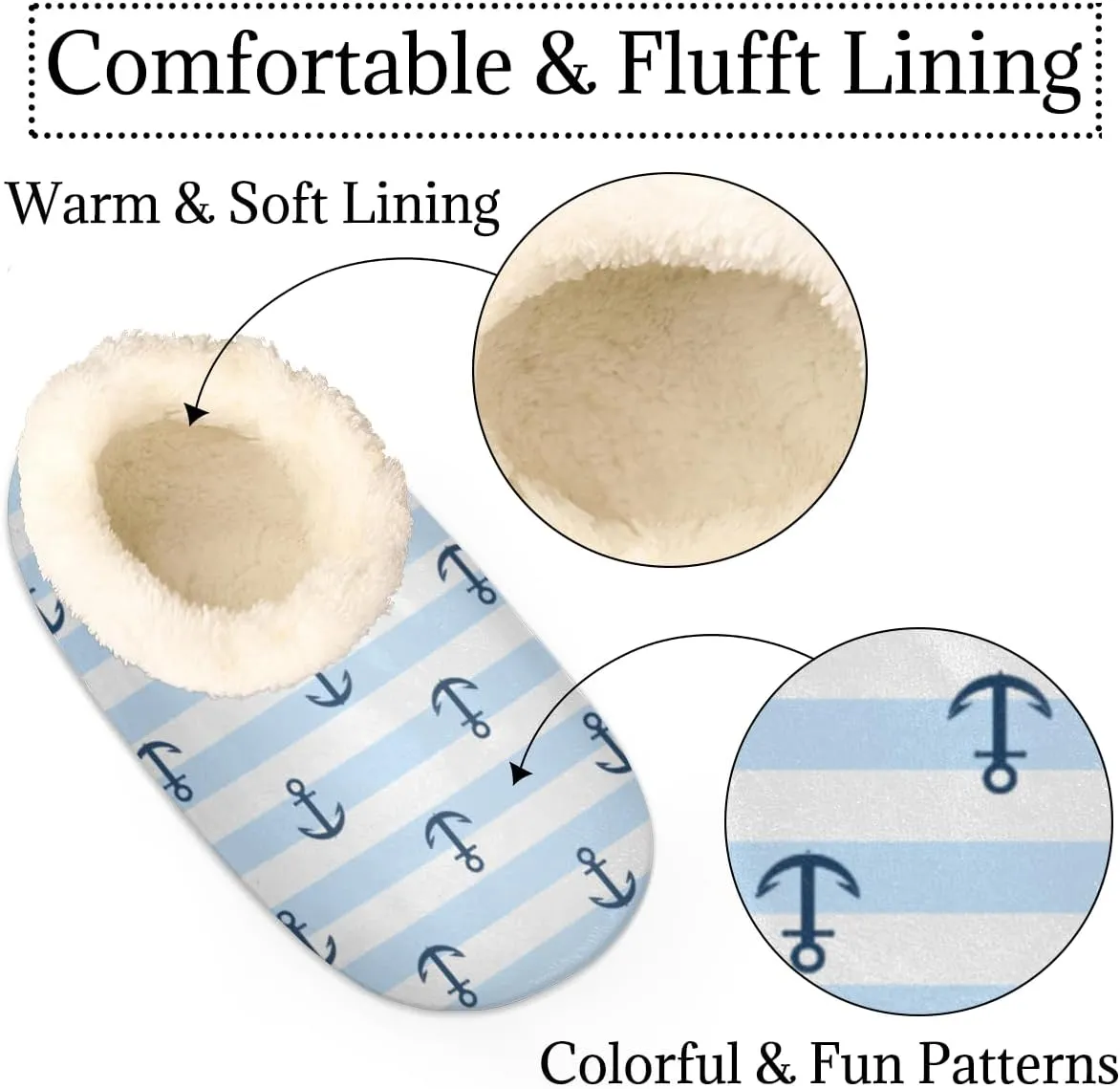 Ship Anchor Stripe Women's Slippers, Navigation Soft Cozy Plush Lined House Slipper Shoes Indoor Non-Slip Slippers for Women Girls Boys Teenager