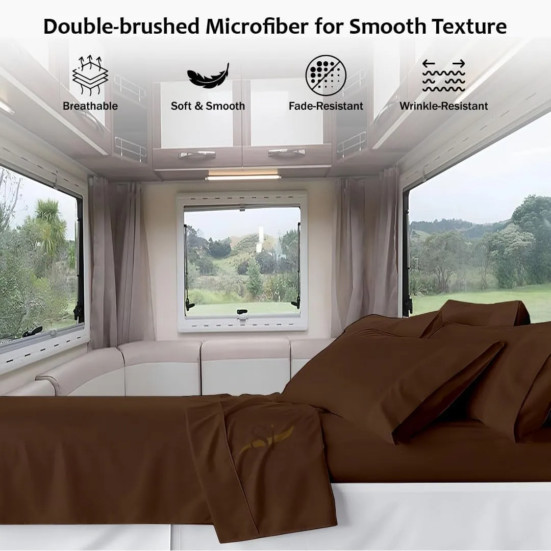 Shreem Linen Microfiber RV Sheet Sets, 48x75 3/4 Full Bunk, Chocolate Solid - Fits Mattresses up to 8 Inches Deep, 4 Piece RV Bed Sheets for Campers, Motorhomes, and Travel Trailers