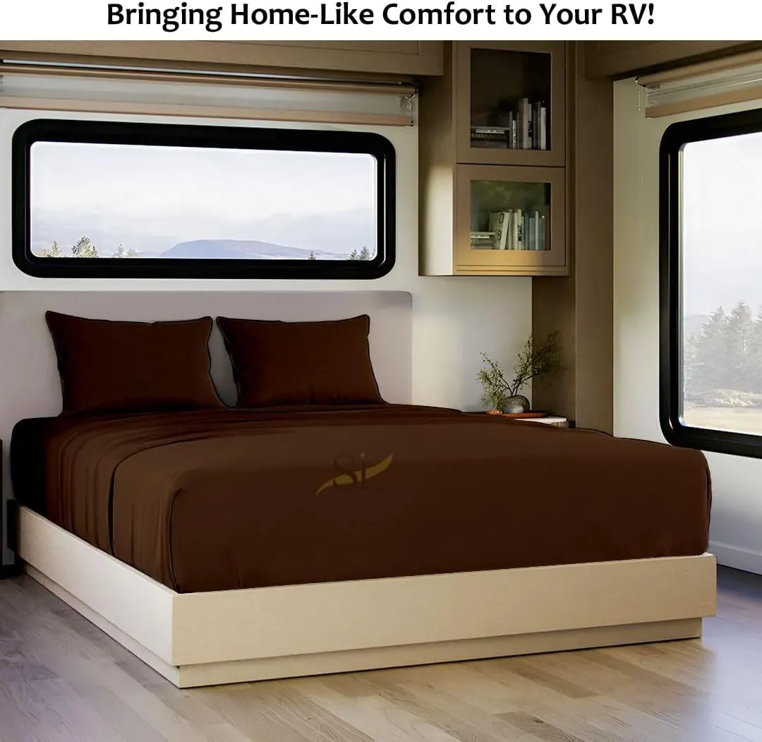 Shreem Linen Microfiber RV Sheet Sets, 48x75 3/4 Full Bunk, Chocolate Solid - Fits Mattresses up to 8 Inches Deep, 4 Piece RV Bed Sheets for Campers, Motorhomes, and Travel Trailers