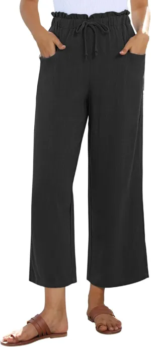 siliteelon Wide Leg Linen Pants for Women Summer Capri Palazzo Flowy Pants Casual Loose High Waist Trousers with Pockets