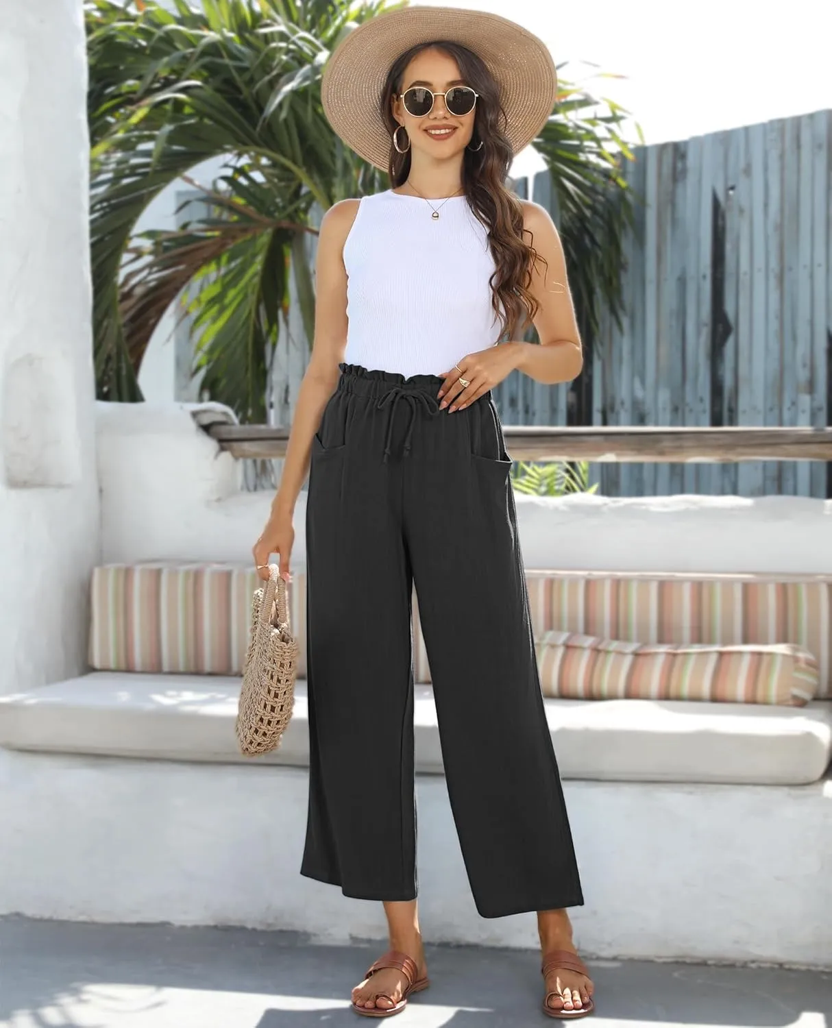 siliteelon Wide Leg Linen Pants for Women Summer Capri Palazzo Flowy Pants Casual Loose High Waist Trousers with Pockets