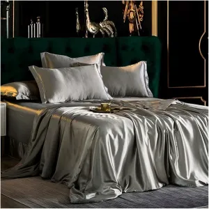 Silk, Four Piece Duvet Set,Flat Sheet, Silk Smooth, Sleeping Silk,Queen King Bed Linen Sets(B,Twin)
