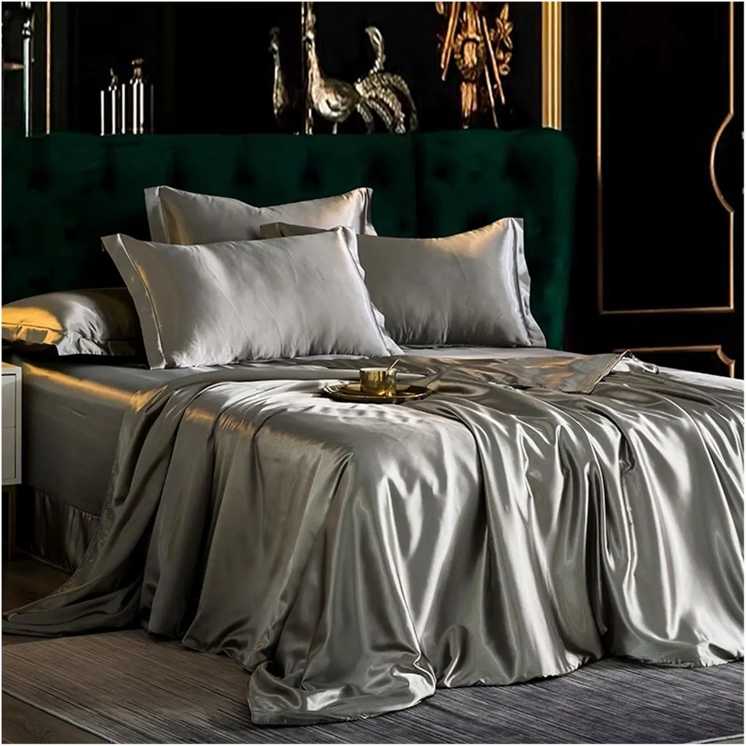 Silk, Four Piece Duvet Set,Flat Sheet, Silk Smooth, Sleeping Silk,Queen King Bed Linen Sets(B,Twin)