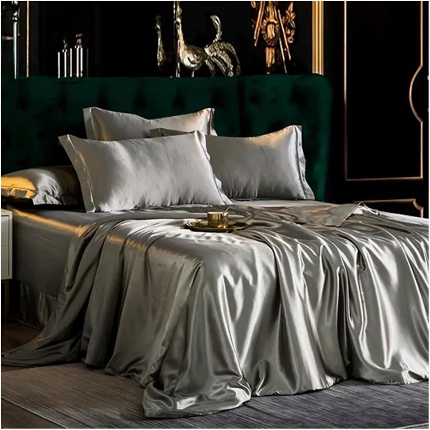 Silk, Four Piece Duvet Set,Flat Sheet, Silk Smooth, Sleeping Silk,Queen King Bed Linen Sets(B,Twin)