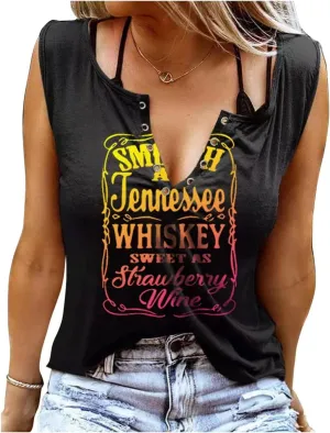 Smooth As Tennessee Whiskey Sweet As Strawberry Wine Tank Top Women Retro Country Music Sexy V Neck Sleeveless Shirt