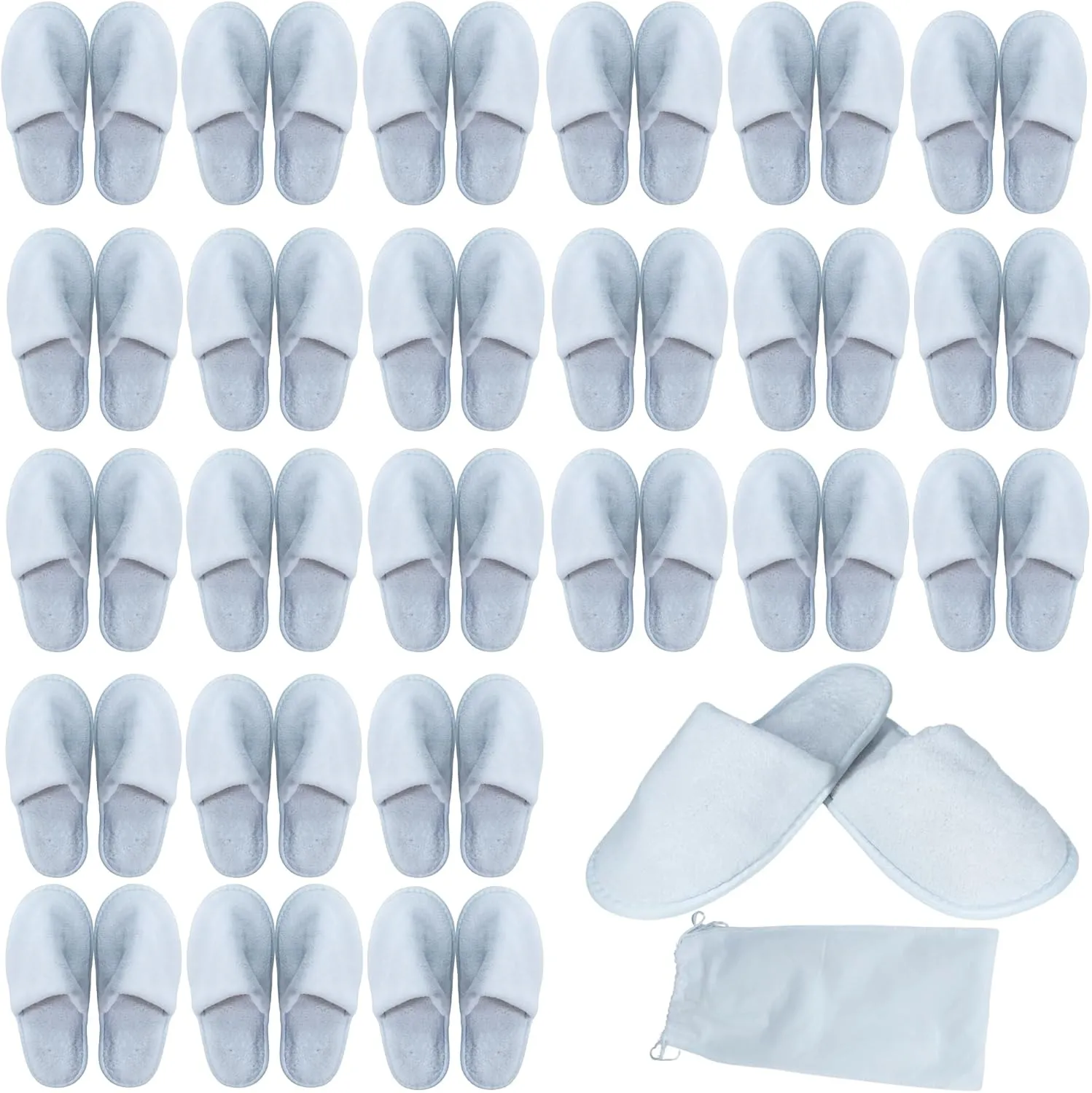 Soft Touch White Disposable Slippers for Guests Men & Women 25 Pairs, Non-Slip Closed Toe Towelling Slippers with Pouch for Hotel Spa Home Travel Party Wedding