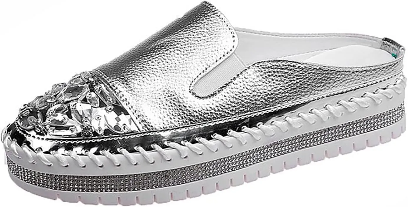 SOLPNOW Women'S Rhinestone Platform Loafers Round Toe Flats,Slip-On Fashionable Low-Cut Casual Shoes with Increase Height,Comfortable Non-Slip Walking Shoes
